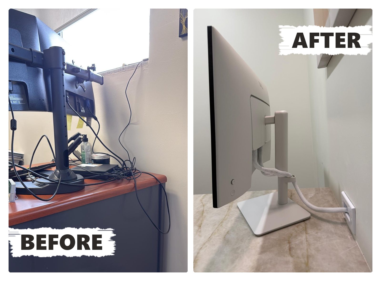 Before and after: a desk with loose cables hanging down the wall, then the same kind of setup with one braided sleeve running into a wall plate