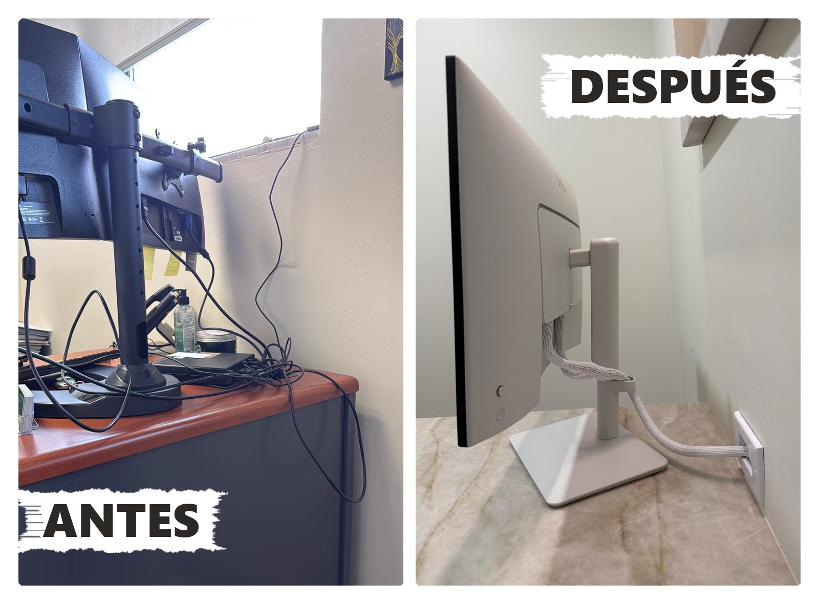 Antes y después: un escritorio con cables sueltos colgando por la pared, y el mismo tipo de puesto con una sola manga trenzada hasta la placa de pared