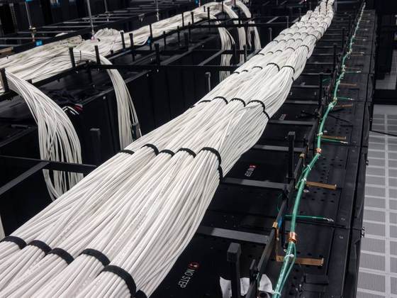 Overhead bundles combed and laced — data center backbone