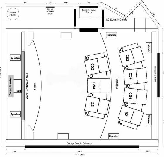 Seating, speaker and riser layout drawn before the build